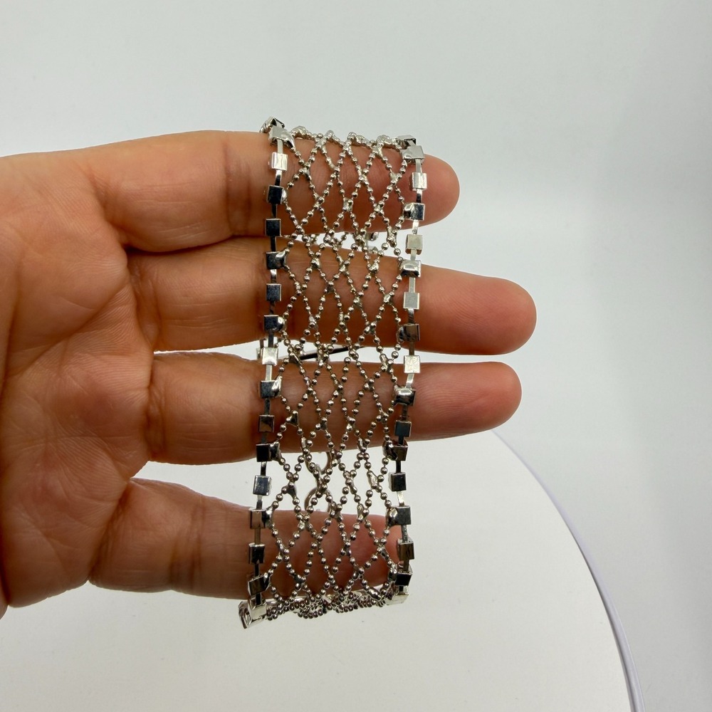 Silver Tone Lattice Bracelet Statement Cuff Chain Link Boho Style Layering Gift